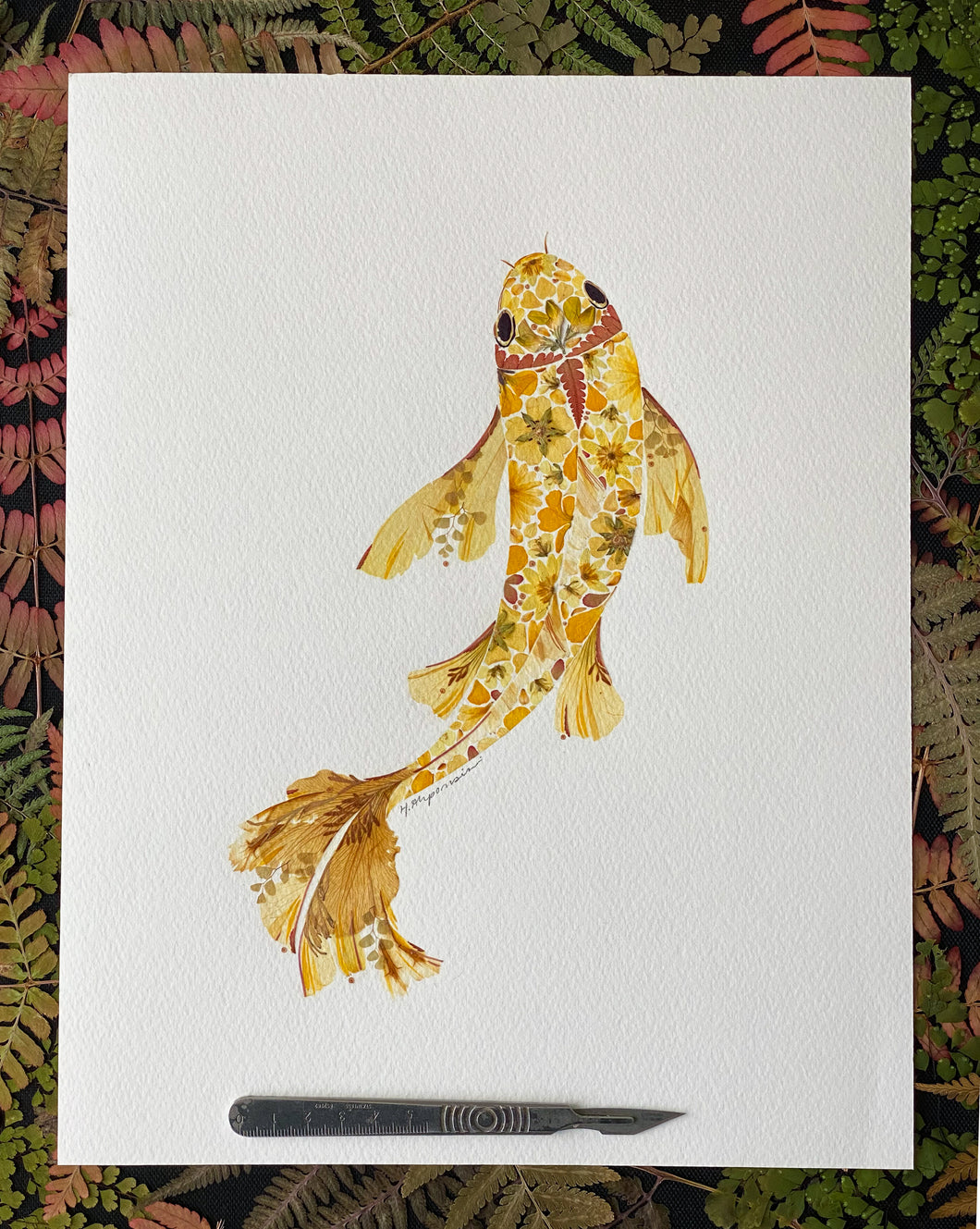 Original Pressed Plant Artwork -  'Yellow Koi'